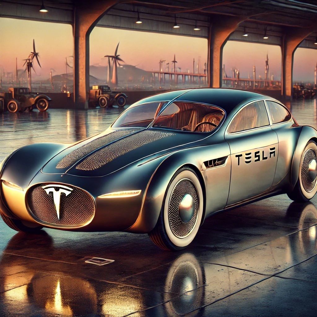 DALL·E 2024-12-25 06.35.50 - A vintage collector's Tesla car with unmistakable Tesla design elements. The car features a sleek retro-futuristic design with Tesla's iconic glowing .jpg